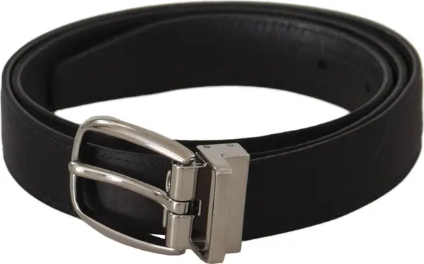 Black Calf Leather Silver Logo Metal Buckle Belt