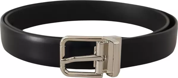 Black Calf Leather Silver Metal Logo Buckle Belt
