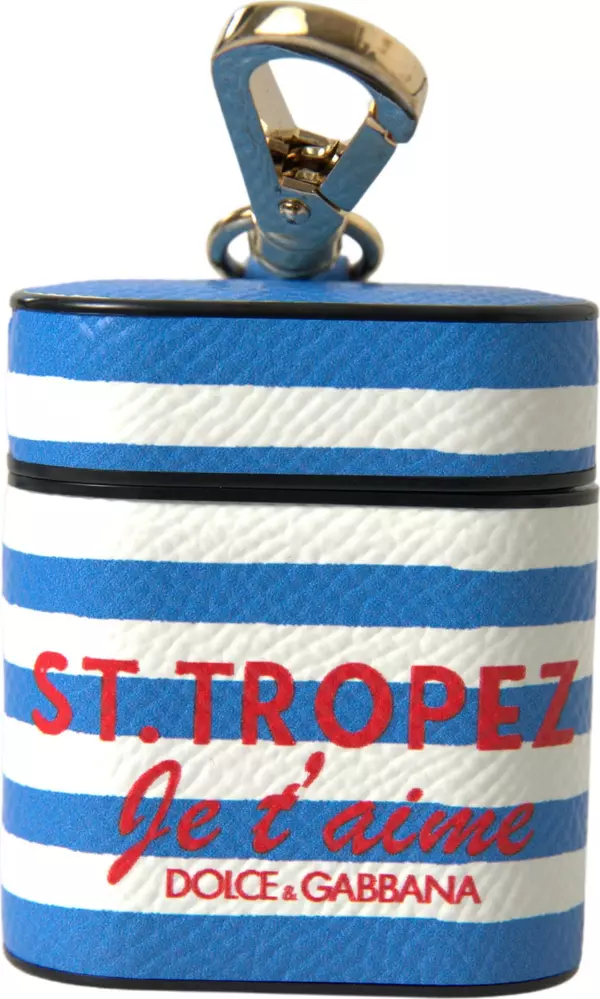 Blue Stripe Dauphine Leather Logo Print Airpod Case