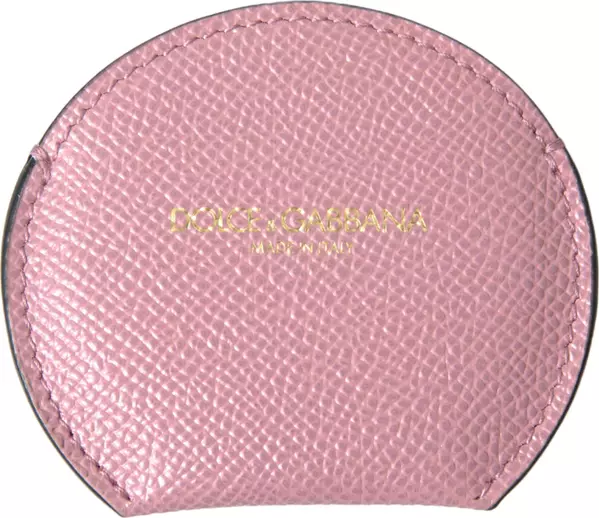 Pink Calfskin Leather Round Logo Print Hand Mirror Holder