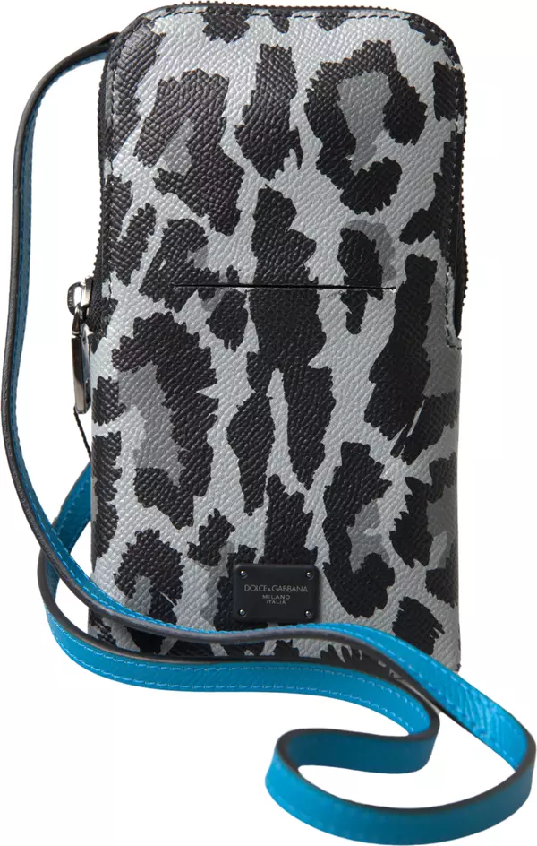 Gray Leopard Leather Men Purse Crossbody Sling Phone Bag