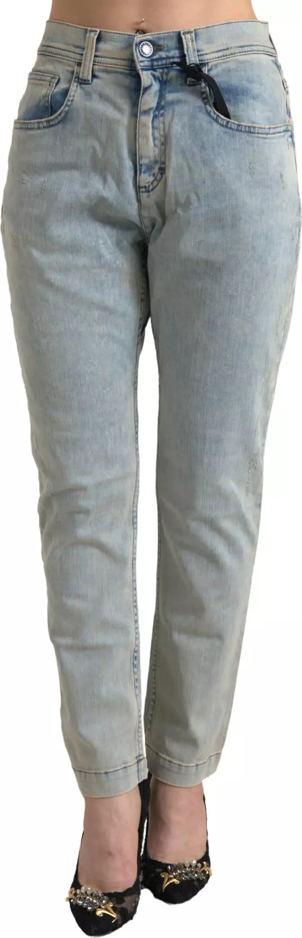 Blue Washed Cotton Mid Waist Skinny Jeans