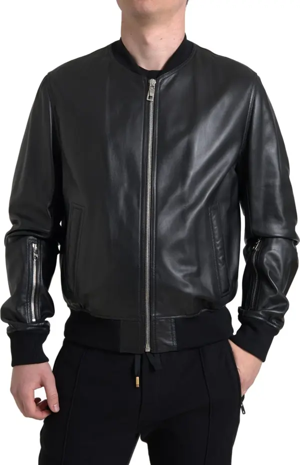Black Leather Full Zip Bomber Men Jacket