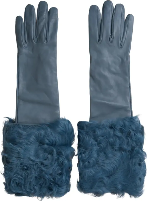 Blue Leather Fur Mid Arm Length Gloves