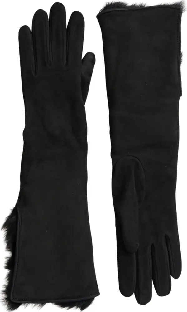 Black Leather Fur Elbow Length Gloves