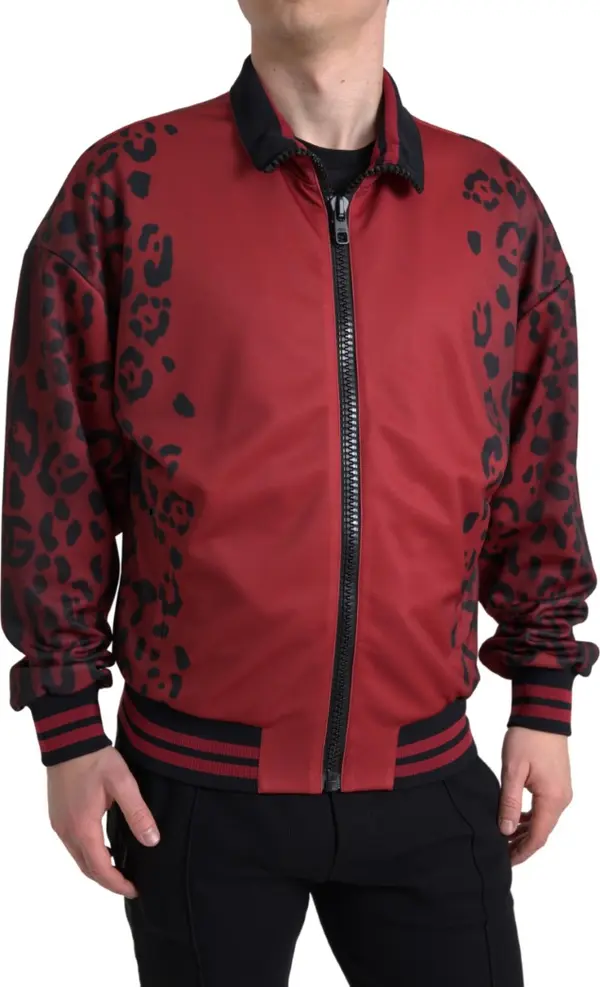 Red Leopard Polyester Bomber Full Zip Jacket