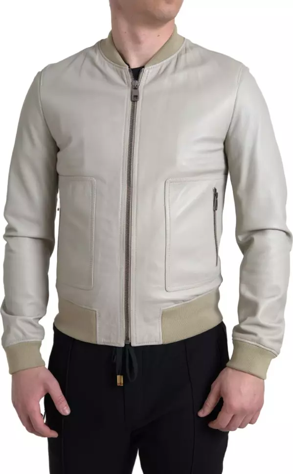 Cream Leather Bomber Blouson Full Zip Jacket