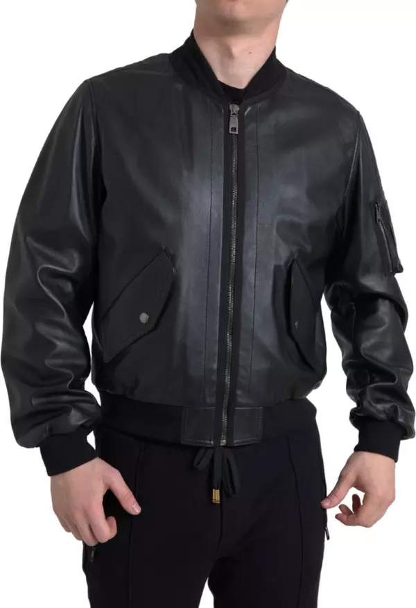 Black Leather Blouson Full Zip Bomber Jacket