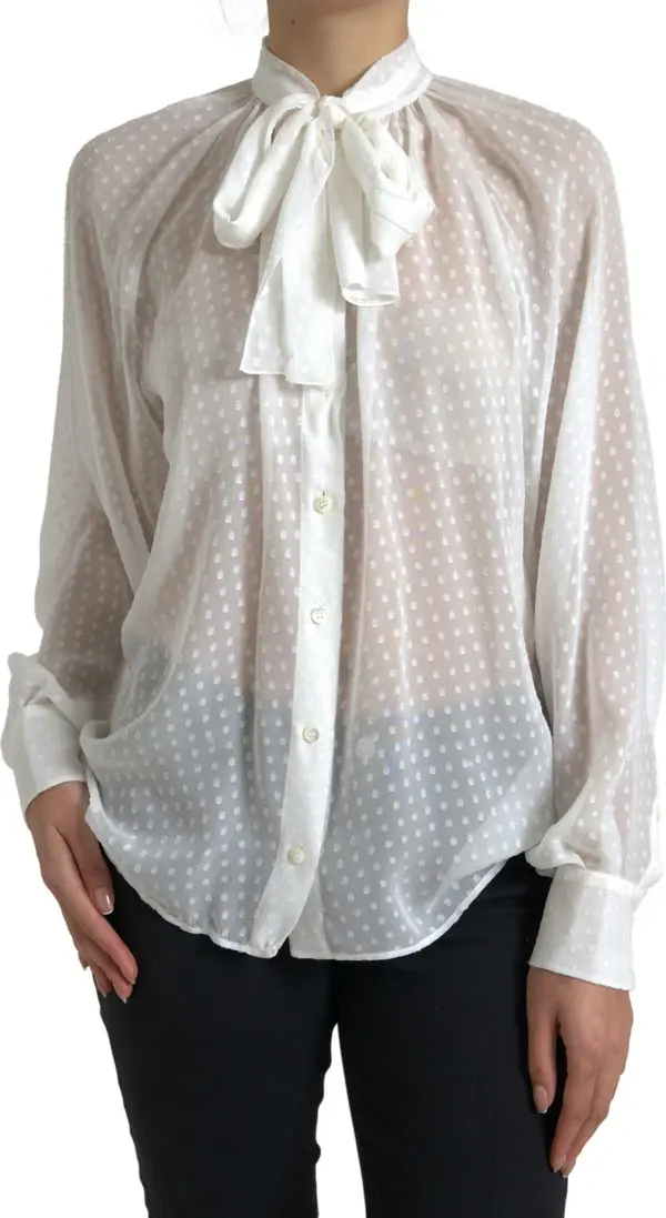 White Silk Sheer Tied Neck Polka Dots Blouse