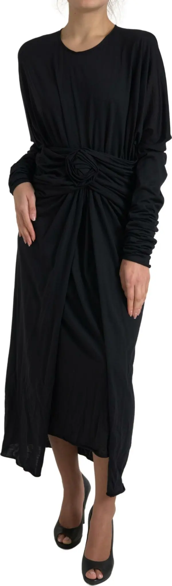 Black Wool Wrap Sheath Midi Gown Dress