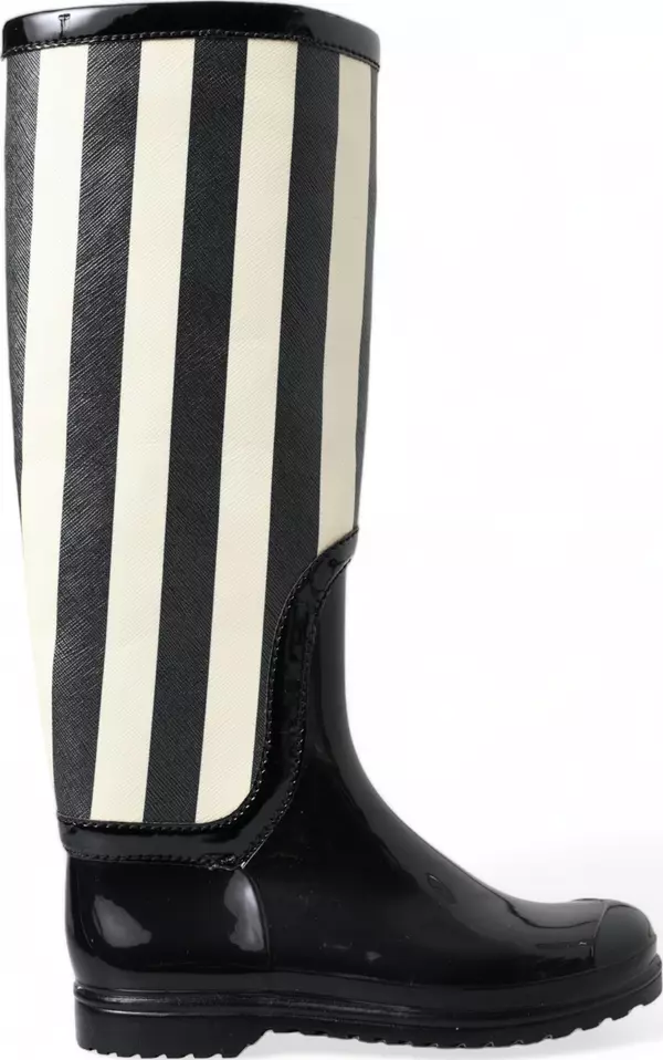 Black Rubber Knee High Flat Boots Shoes
