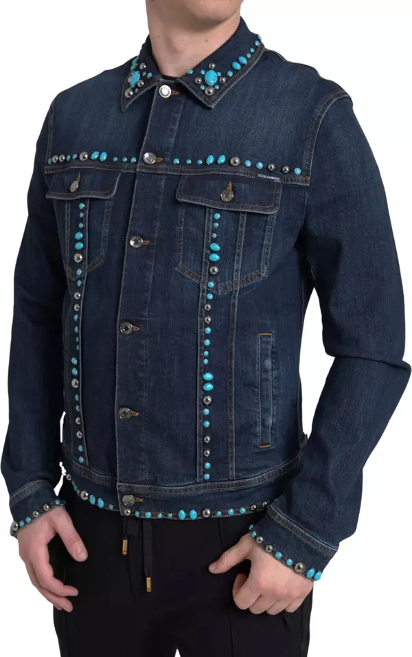 Blue Denim Turquoise Stones Studded Jacket