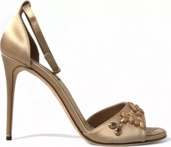 Gold Satin Ankle Strap Crystal Sandals Shoes
