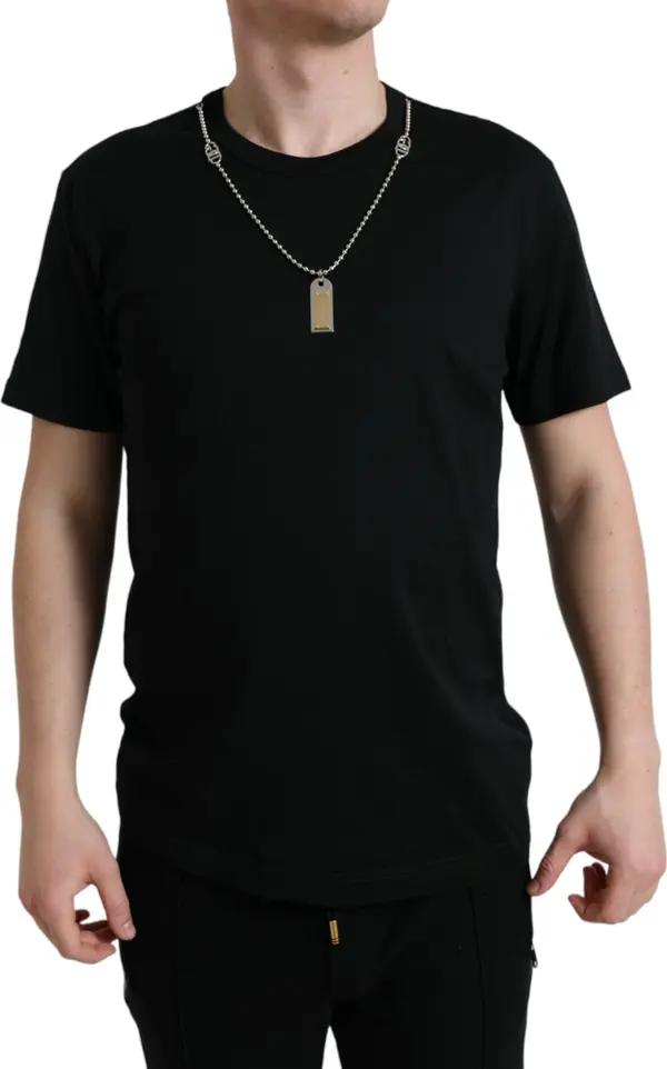 Black Cotton Dog Tag Round Neck T-shirt