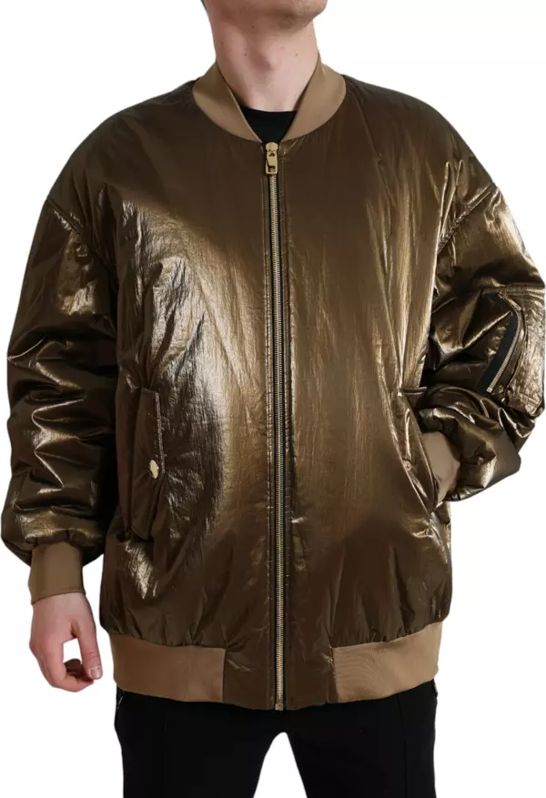 Bronze Nylon Full Zip Men Bomber Jacket