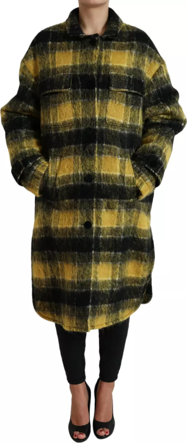 Yellow Plaid Long Sleeve Casual Coat Jacket