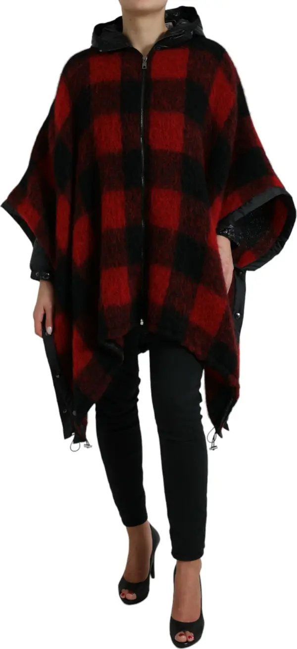 Black Red Buffalo Check Hooded Poncho Jacket