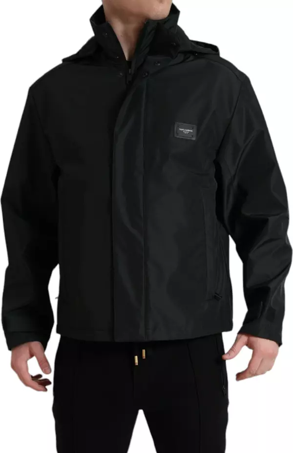 Black Polyester Logo Plaque Hooded Jacket