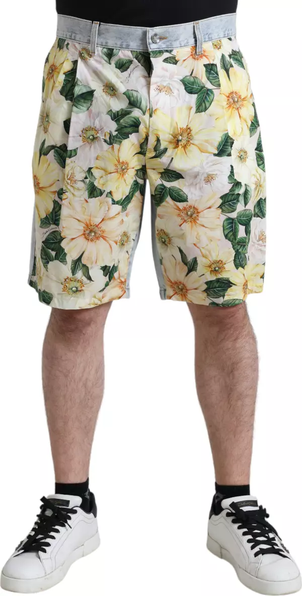 Multicolor Floral Print Denim Bermuda Shorts