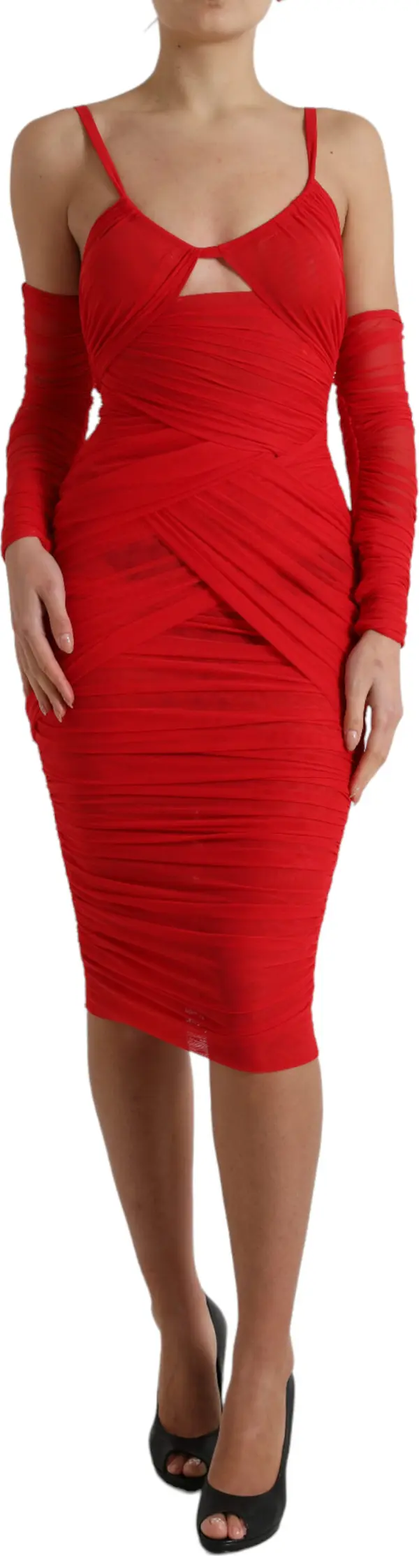 Red Nylon Stretch Cut Out Midi Dress