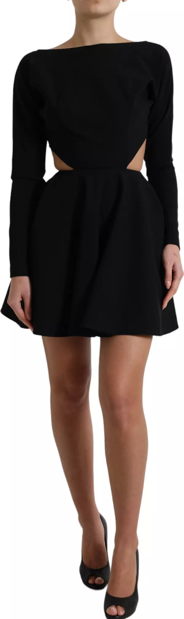 Black Viscose Cut Out A-line Long Sleeves Mini Dress