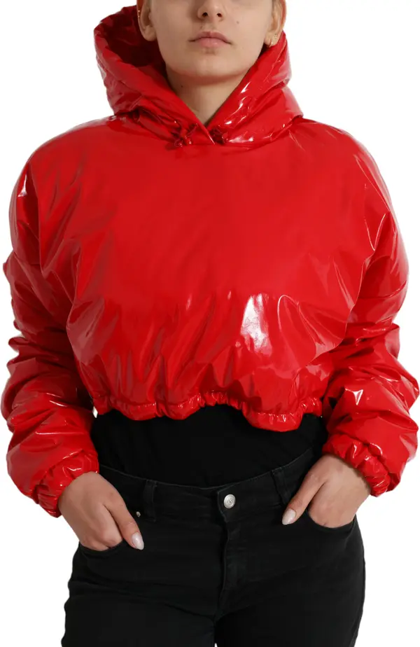 Shiny Red Hooded Cropped Short Coat Jacket