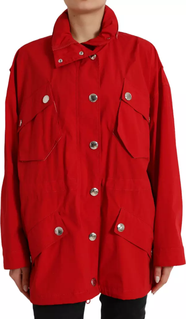Red Polyester Hooded Button Rain Coat Jacket