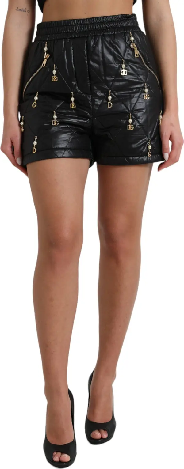 Black Embellished High Waist Hot Pants Shorts
