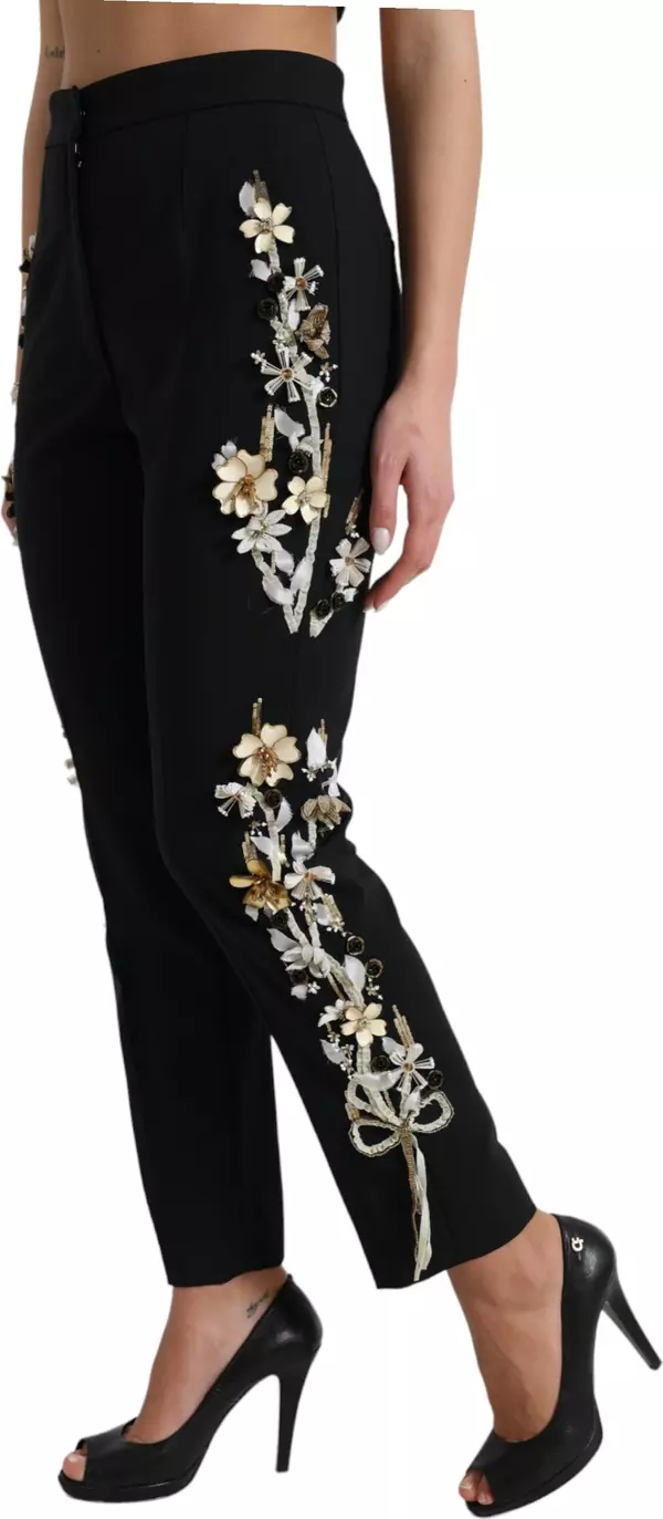 Black Floral Applique High Waist Tapered Pants