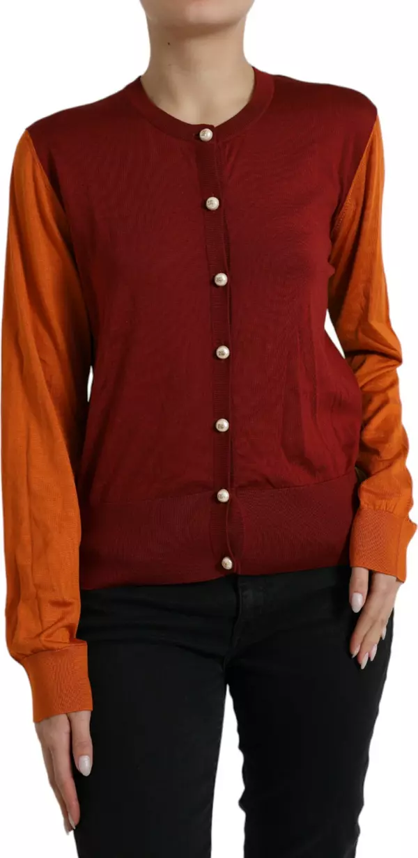 Multicolor Cardigan Color Block Silk Crewneck Sweater
