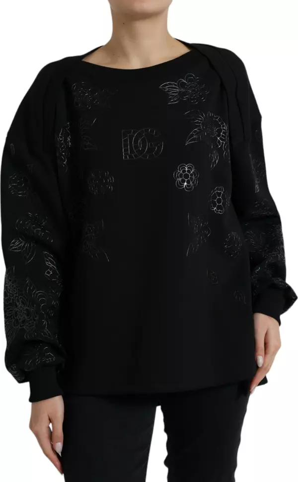 Black Pullover Floral Logo Applique Sweater