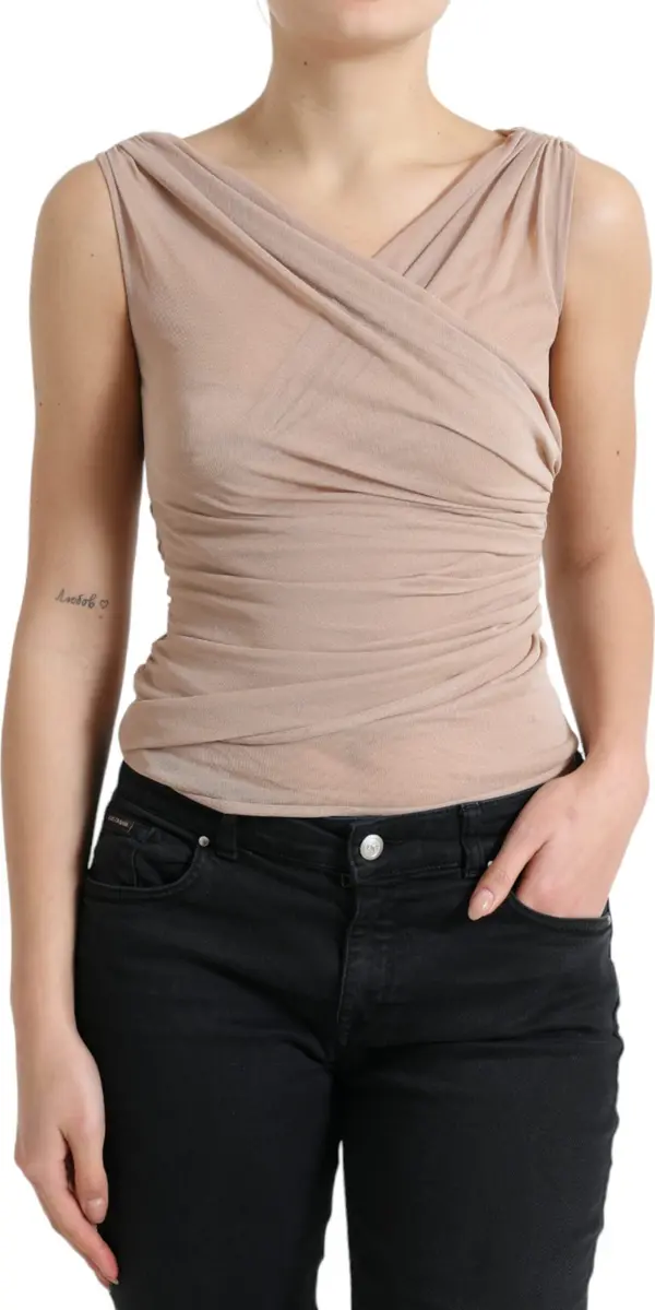 Beige Viscose V-neck Sleeveless Tank Top