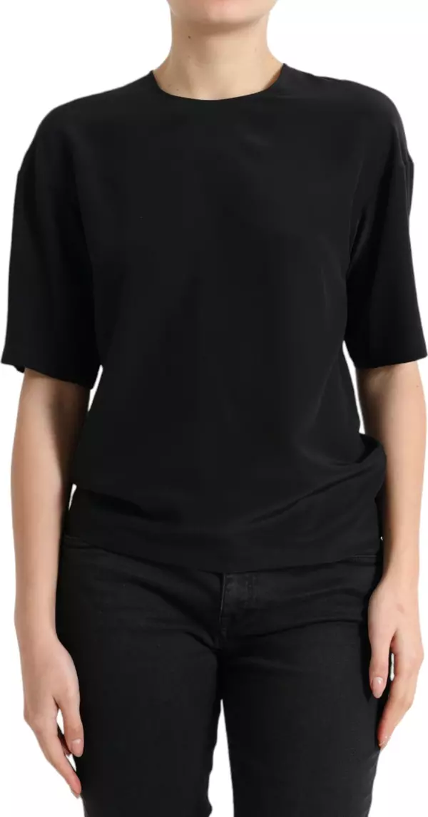 Black Silk Round Neck Short Sleeve Blouse Top