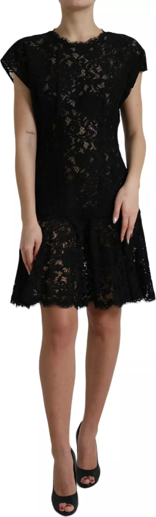 Black Floral Lace Cotton A-line Mini Dress