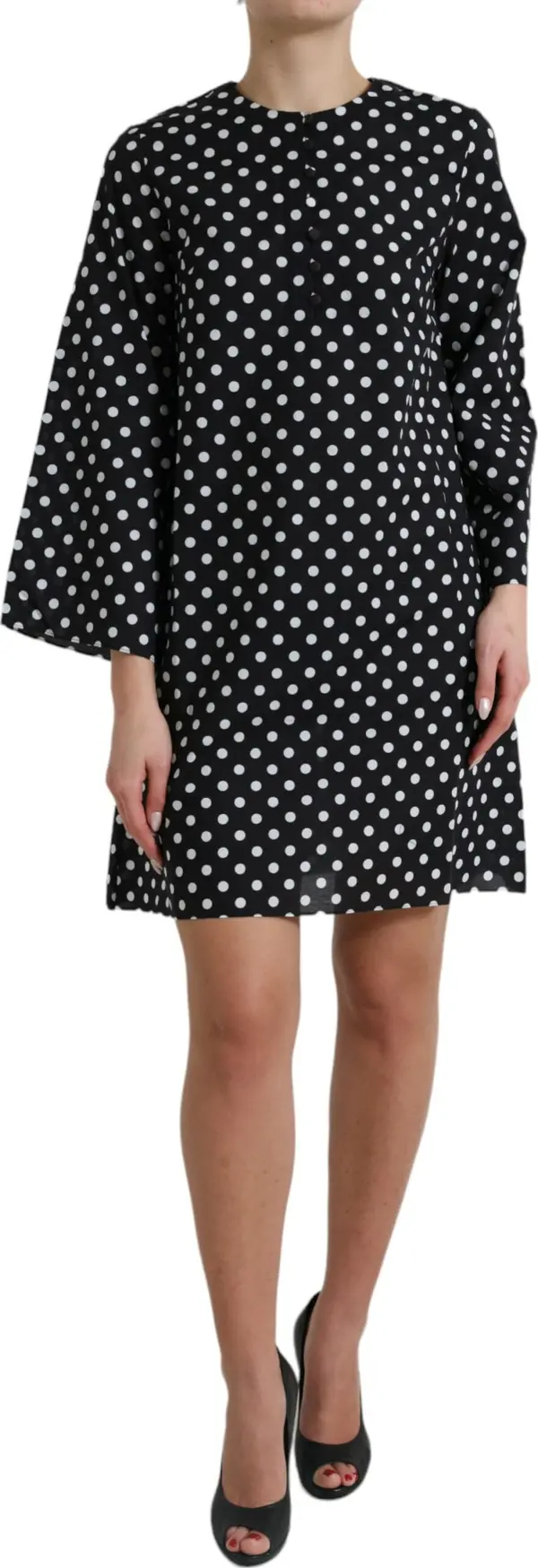 Black White Polka Dot Nylon Shift Mini Dress