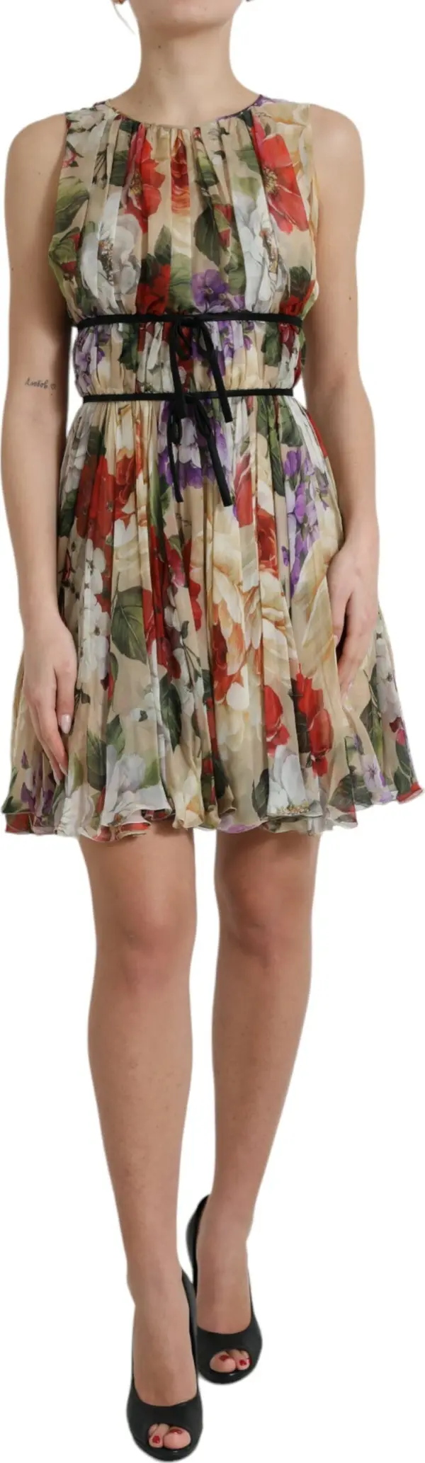 Beige Floral Sleeveless A-line Mini Dress