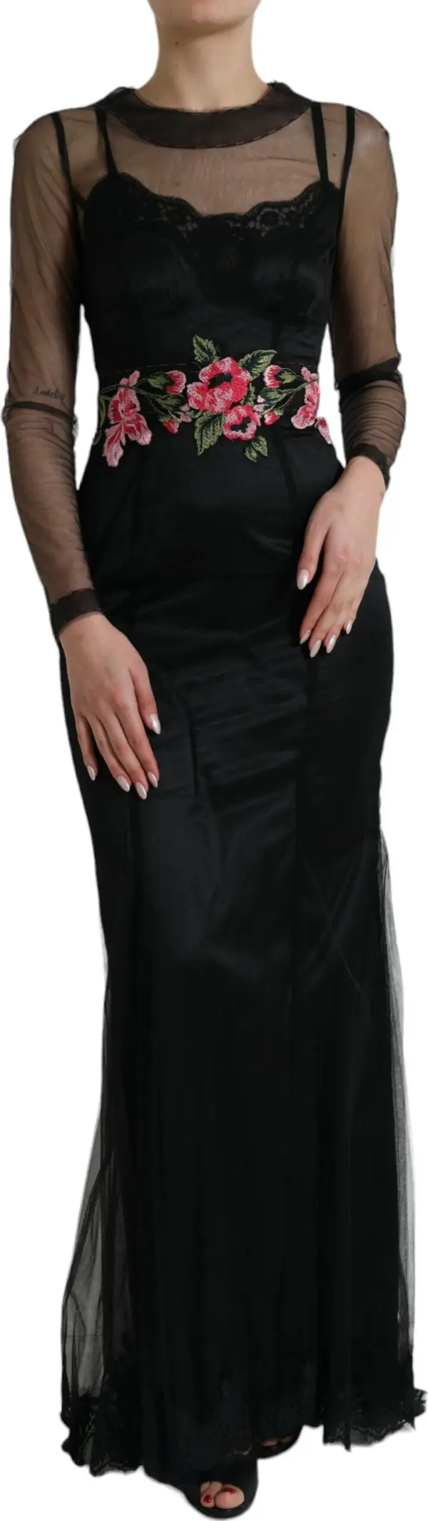 Black Floral Embroidery Mesh Tulle Gown Dress