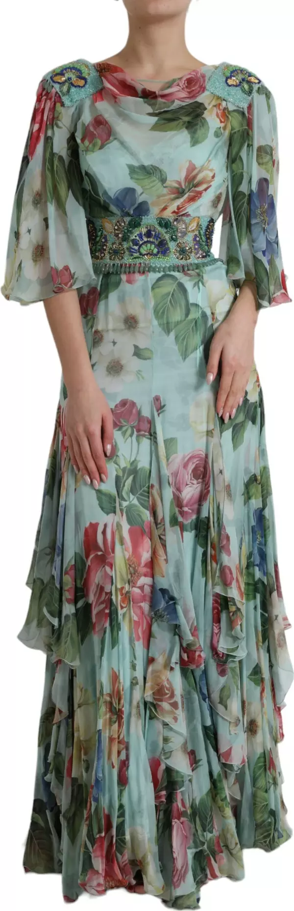 Blue Floral Print Tiered Long Maxi Dress