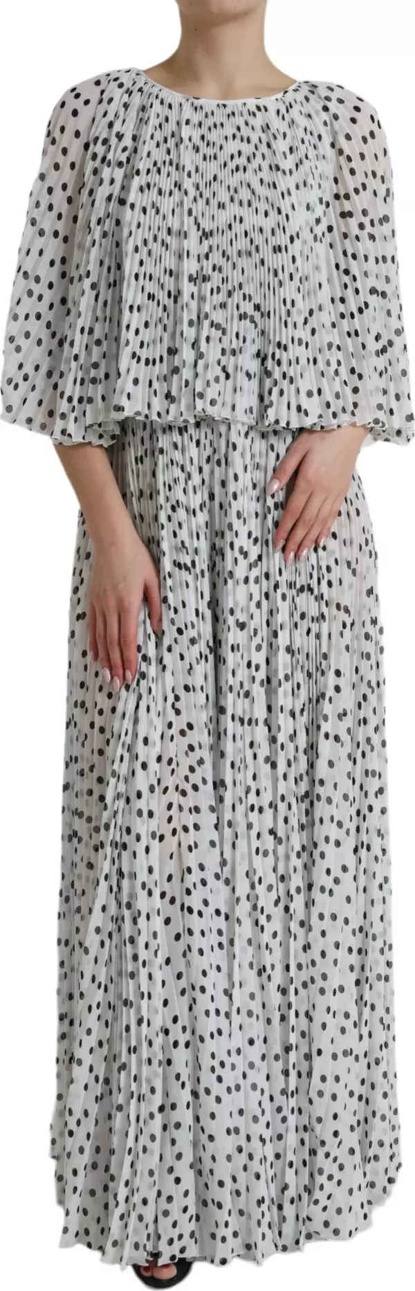 White Polka Dot A-line Pleated Maxi Dress