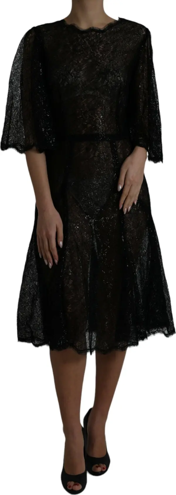 Black Floral Lace Sheer A-line Midi Dress
