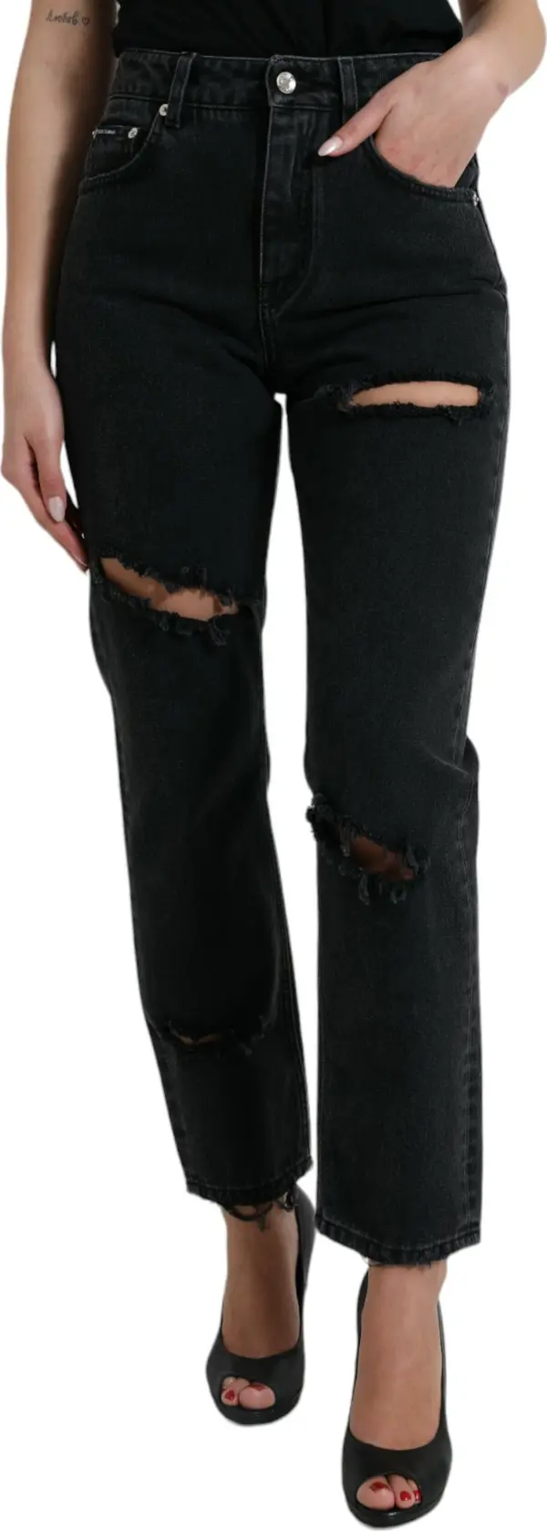 Black Cotton High Waist Tattered Denim Jeans
