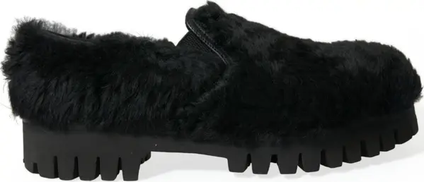 Black Fur Leather Slippers Dress Shoes