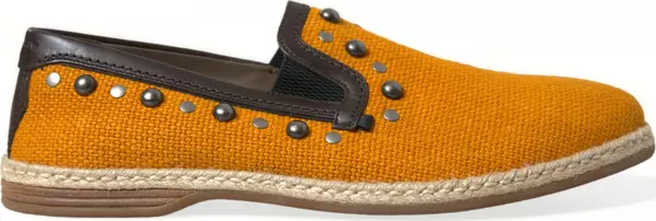 Orange Linen Leather Studded Loafers Shoes