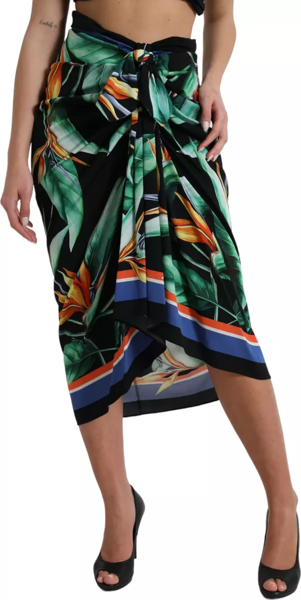 Black Strelitzia High Waist Wrap Midi Skirt