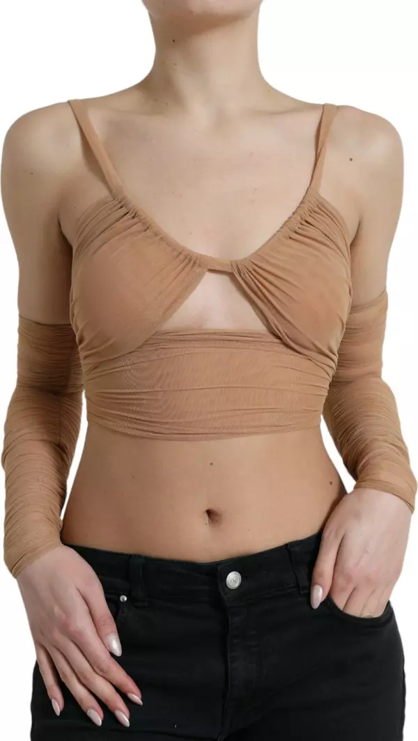Brown Nylon Stretch Open Shoulder Cropped Top