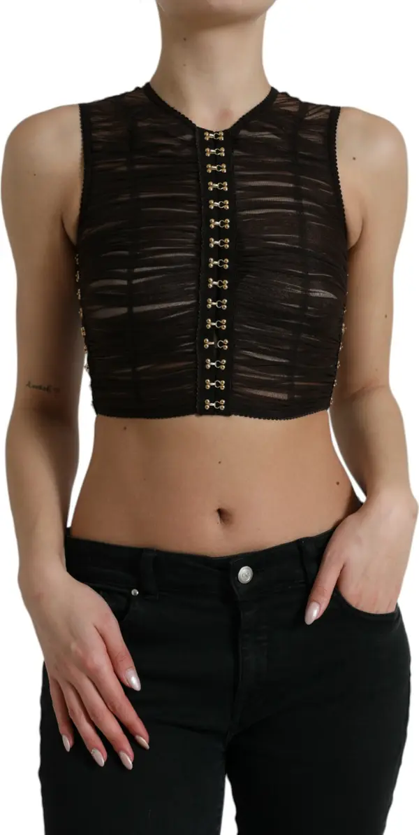 Brown Embellished Nylon Stretch Cropped Top