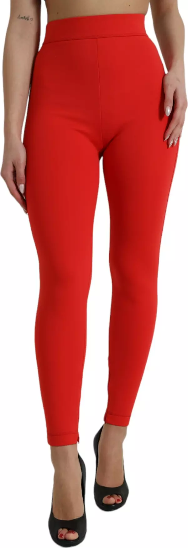 Red Nylon Stretch Slim Leggings Pants