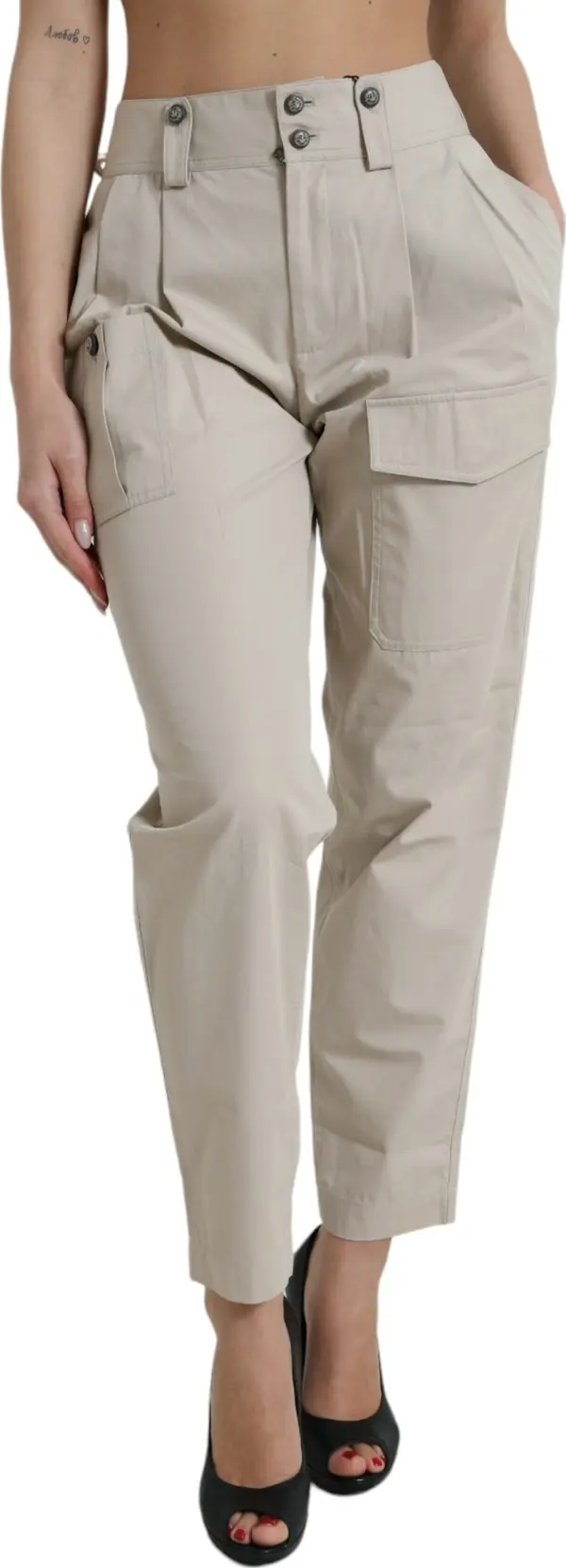 Beige Cotton High Waist Tapered Pants