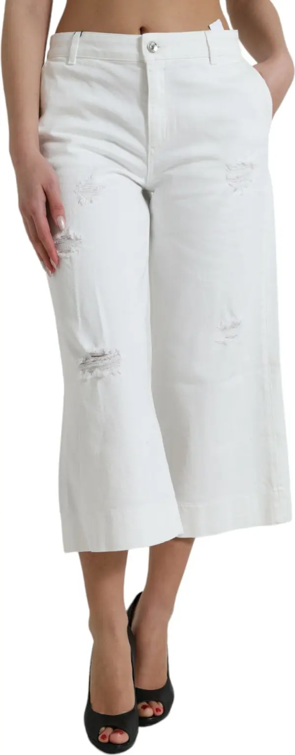White Cotton Cropped Wide Leg Denim Jeans