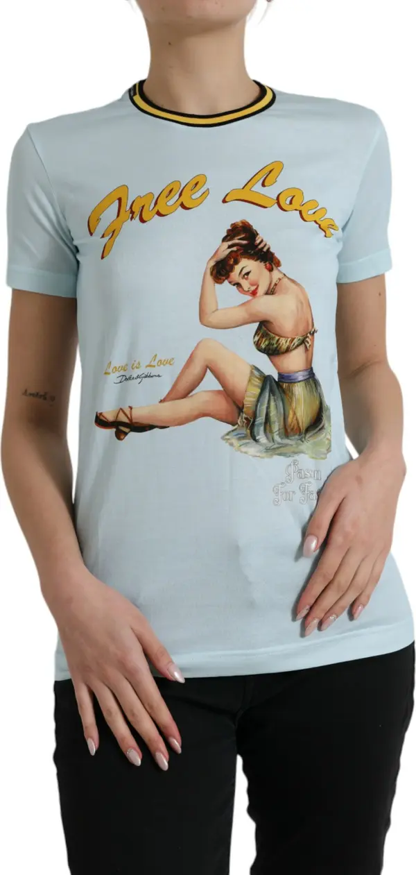 Light Blue Cotton Free Love Crew Neck T-shirt